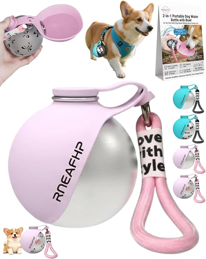 Dog Water Bottle with Bowl 2-in-1 Portable Leak Proof 10 OZ Puppy Travel Drink Dispenser for Large Medium Small Breeds Stainless Steel Hydration Tumbler Buddy Cup for Dogs Pets Outdoor(Pink A)