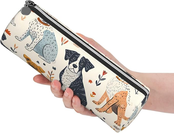 OSAM SPACE Leather Pencil Case Round Pencil Bag Cute Dogs Plant Pen Organizer Holder Portable Zipper Pouch Cute School Supplies for Girls Boys Study Office