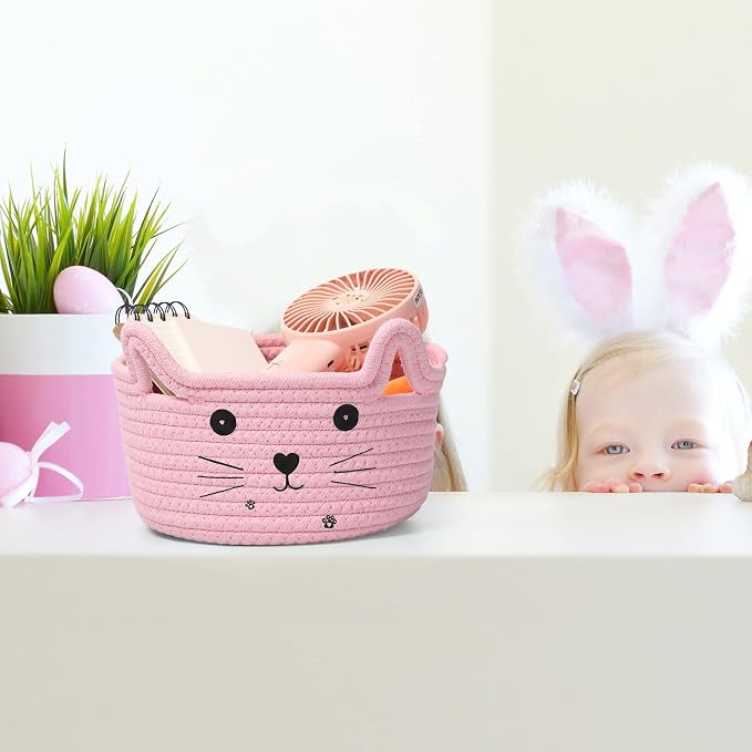 Zopeal Cat Storage Basket Woven Organizer with Ears Decorative Gift Cute Cotton Rope Pet Toy Basket for Gift Cat Dog Toy Bin Nursery Room(8.3 x 4.7 Inch,Pink)