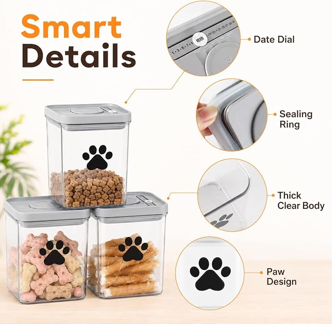 3-Pack Airtight Pet Treat Jars | 48oz Clear Dog & Cat Food Storage Container | Dog Cat Treat Container for Kitchen Counter | Small Dogs Kibble Bin | Dog Cookie Jar - BPA free
