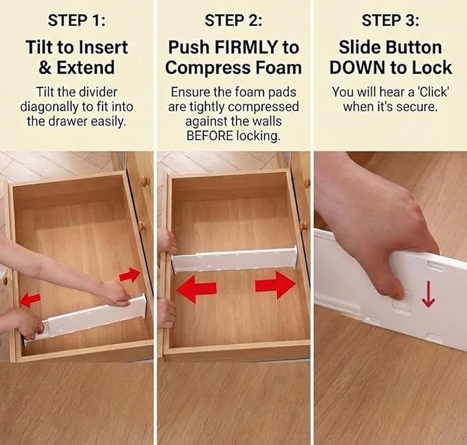 Adjustable Drawer Dividers, 3.1" High, 10.8-17.9", 6 Pack | Expandable organizer with non-slip locking mechanism & foam pads. Fits baby nursery, bathroom vanity & desk drawers.