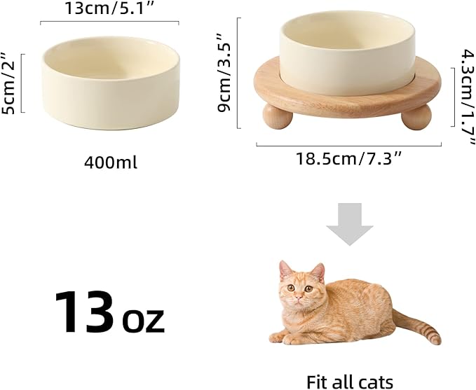 Havniva Ceramic Elevated Cat Food and Water Bowl, Kitty Bowl, Raised Cat Dish, Pet Feeder (5.1 in,1 x Light Yellow + Stand)