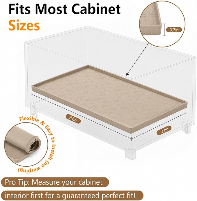 34"x22" Silicone Shelf Liner & Waterproof Under Sink Mat(Beige) | Durable Under Sink Organizer Tray with Raised Edge, Protects Bottom Cabinets & Shelves from Leaks & Cleaning Supplies