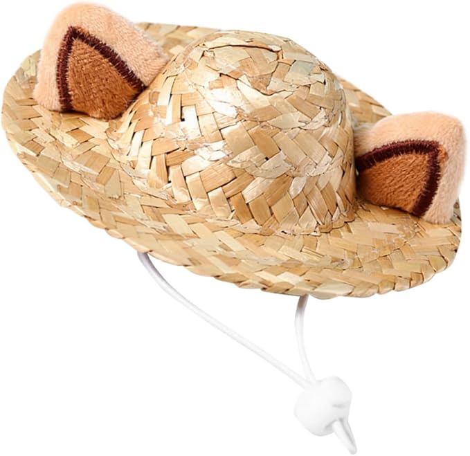 Adorable Cat Straw Hat with Cat Ear Design for Cats S 13cm | Khaki Color, Straw Build, Decorative Party Accessory, Christmas Birthday Use