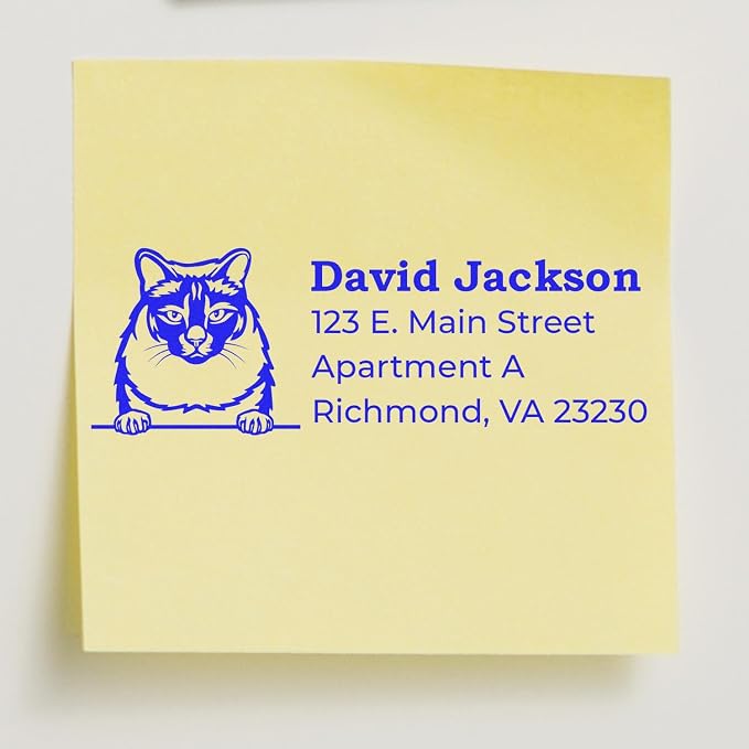 Peeking Balinese Cat Wood Handle Address Stamp - Custom Stamp for Mail | Laser-cut lettering. Custom Address Stamp Balinese Cat. Mailing Stamp for Pet Sitters. 7/8 by 2-1/4 inch imprint.