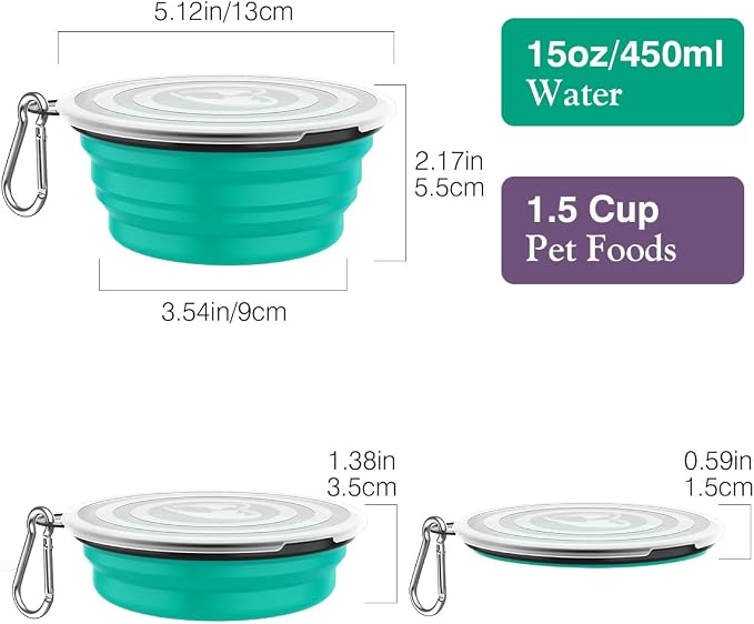 Pawaboo Collapsible Travel Dog Bowls 2 Pack with Lids&Carabiners Silicone | Feeding Watering Bowls for Dogs Cats, Collapsable Water Feeder Food Bowl for Walking Traveling Home Use, VioletTurquoise