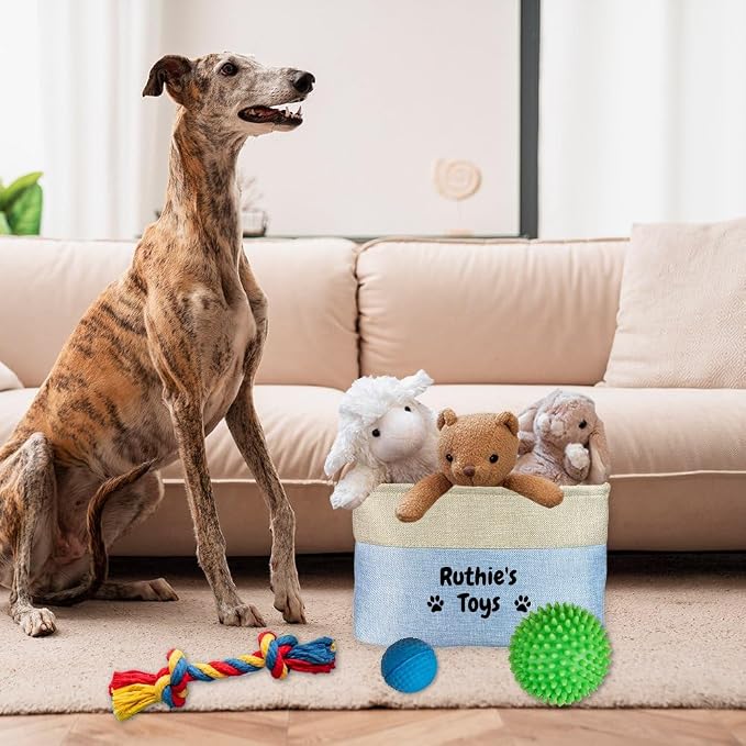 Personalized Dog Toys Storage Basket Custom Dog's Name Sturdy Foldable Collapsible Storage Bin Box with Handles for Organizing Pet Food, Toys, Clothes, 15" x 9.8" x 9"