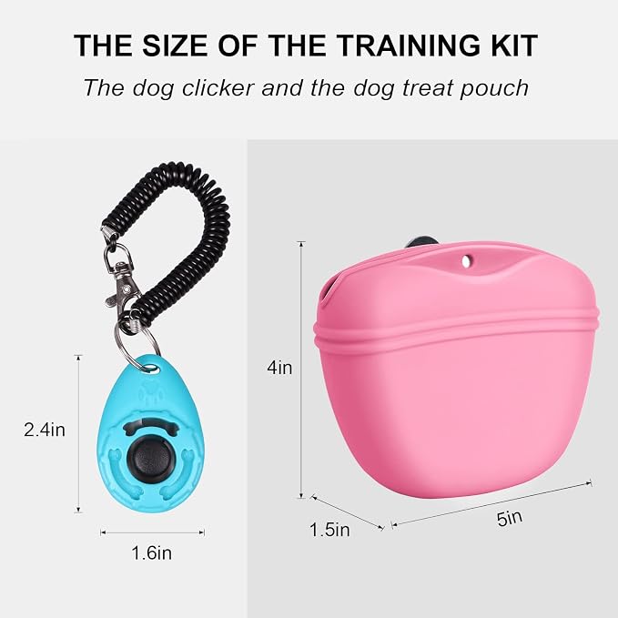 Left&Right Dog Clicker Training Kit,Silicone Dog Training Treat Pouch and Dog Clickers,Dog Treat Bag with Clicker Training for Dogs,Pet Treat Bag with Magnetic Buckle Closing and Waist Clip,Pink