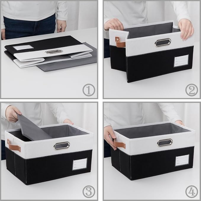 PRANDOM Foldable Storage Bins with Handles [3-Pack] Fabric Collapsible Storage Boxes Baskets Cubes Containers with Handles for Closet Living Room Bedroom (Black & White 14.9x9.8x8.3'')