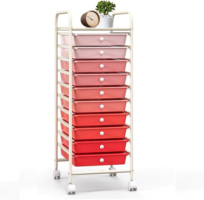 10 Drawer Rolling Storage Cart, Organization Cart with Drawers for Craft Makeup Paper Tool Art Supply, Versatile Utility Cart on Wheels for Home Office Classroom School (Gradient Pink)