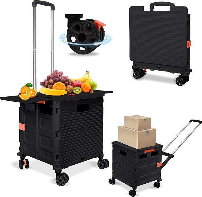 FELICON SELORSS Folding Utility Cart Portable Rolling Crate Handcart-Black | Adjustable Handle+Extended Magnetic Lid,Storage Basket Box,4 Swivel Wheels Tote for Teacher Move Shop Travel Grocery Office