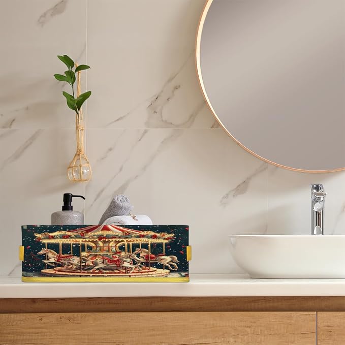 Amusement Park Carousel Bathroom Storage Basket Waterproof Foldable Storage Bins with Handles Decorative Toilet Paper Storage Basket for Organizing for House Bathroom Toiletries