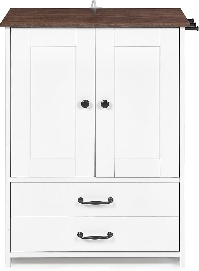 Dog Feeding Station with pet Feeding Station Dog Feeding Station Double Door Locker, Adjustable Dog Bowls and Storage Hooks, Dog Food Station White Pet Food Cabinet with 2 Removabl