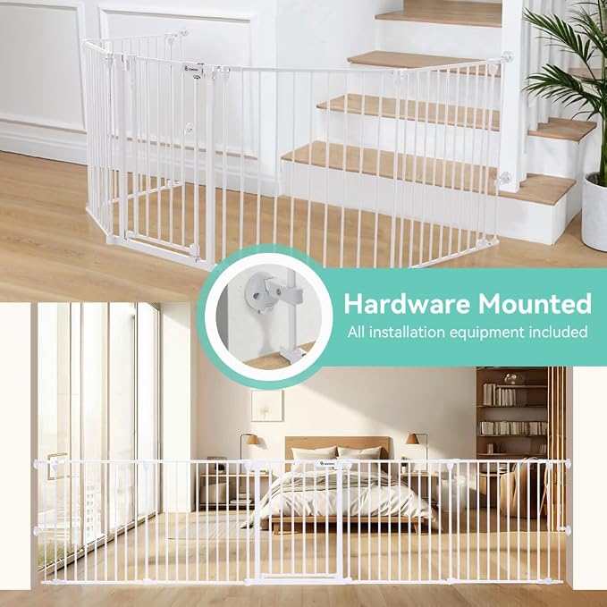 COMOMY 127.8" Extra Wide Baby Gate, Dog Gate for House Stairs Doorways | Auto Close Pet Gate with Door Walk Through, 5 Metal Panels, Hardware Mounted Baby Fence Indoor Outdoor(30" Tall,White)