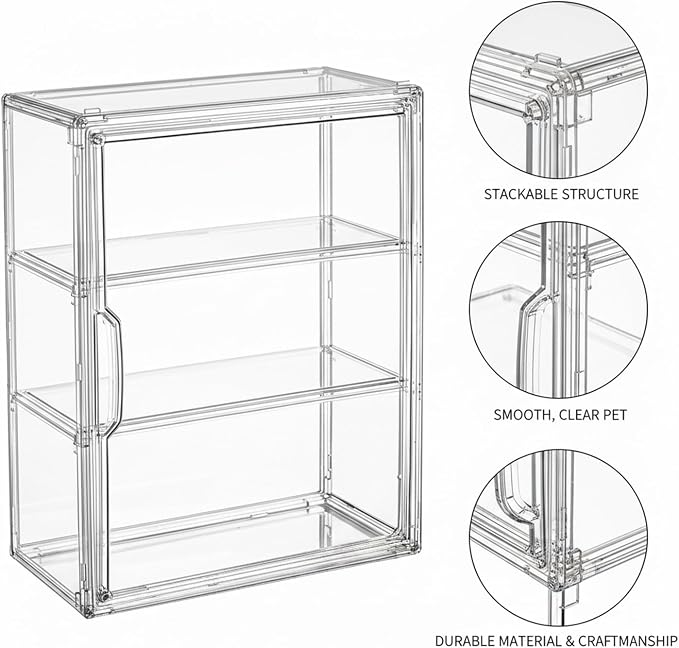 Clear PET Stackable Storage Box with Dividers, Transparent Display Organizer for Desktop Essentials
