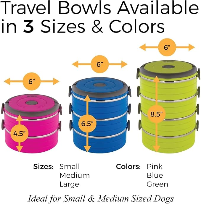 Healthy Human Travel Pet Bento Bowls - Human-Grade Stainless Steel & BPA-Free, Leak-Proof Water & Food Container Set for Dogs & Cats, 3-Pack Interlocking Bowls, Includes Spare Clips & Handle (Green)