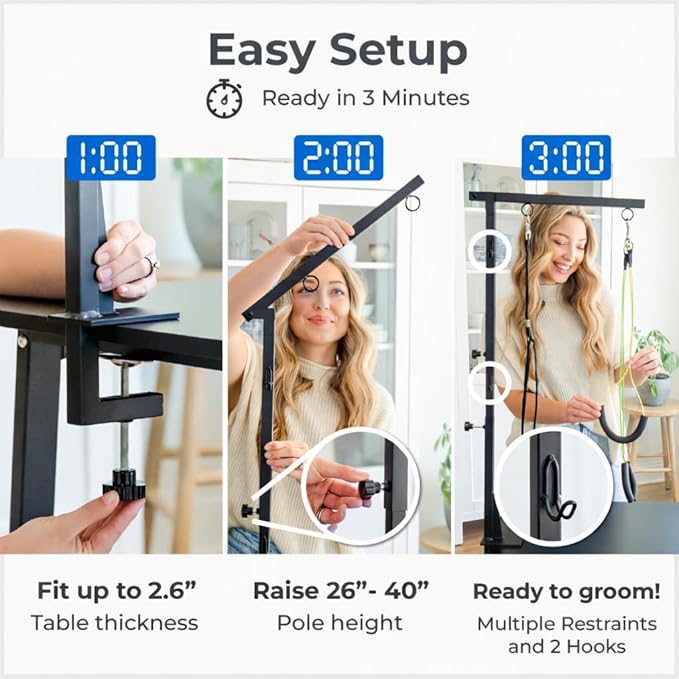 Dog Grooming Kit Adjustable Arm With Clamp: Height 26"-40", Small Dog Sling For Nail Trimming Hammock, no-sit Haunch Holder Leash Loops, Glove, Tool Hanging, Full Home Pet Grooming Supplies Kit, Cats