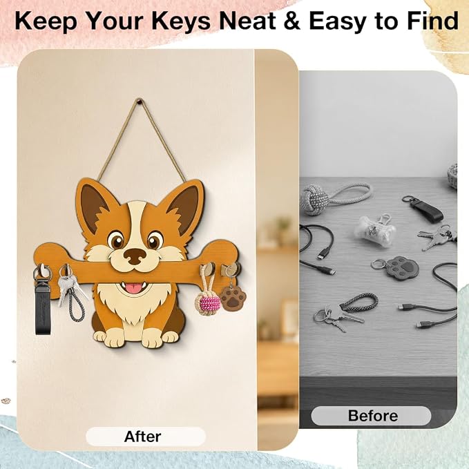 Gifts for Dog Lovers, Cute Dog Leash Holder for Wall, Puppy Key Holder Wall Mount with 4 Keys Hooks, Wooden Key Hooks for Collars, Entryway Garage Living Room Kitchen Mudroom