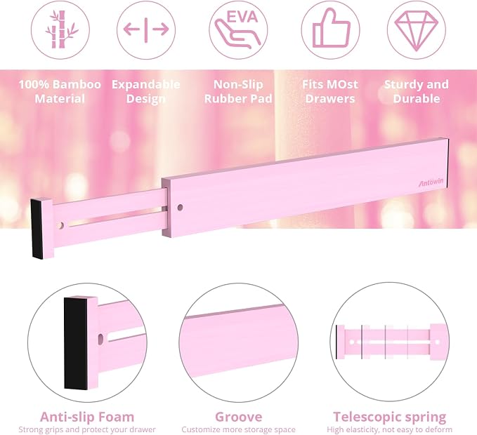 Expandable Bamboo Drawer Dividers Organizers, Drawer Separators Splitter, 17-22 inches Long Adjustable Spring-loaded Organizer for Large Utensil, Clothes, Tools(Pink)