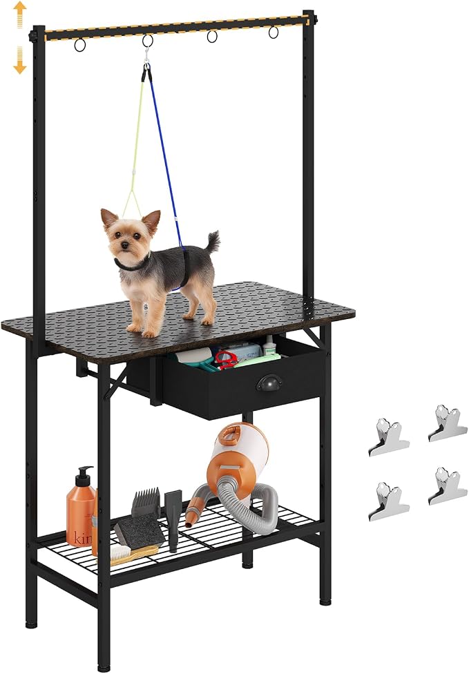 Dog Grooming Table with Drawers and Mesh Tray,32 Inch Adjustable Pet Grooming Table with Non-slip Removable Washable Mat and EVA Protective Lanyard ,Professional Grooming Table for small Dogs at Home