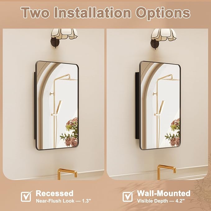 16x27.5 in Bathroom Medicine Cabinet with Mirror, Matte Black | Fully Assembled; Recessed or Surface Wall Mount; Metal Cabinet with Tempered Glass Mirror and Two Adjustable Glass Shelves