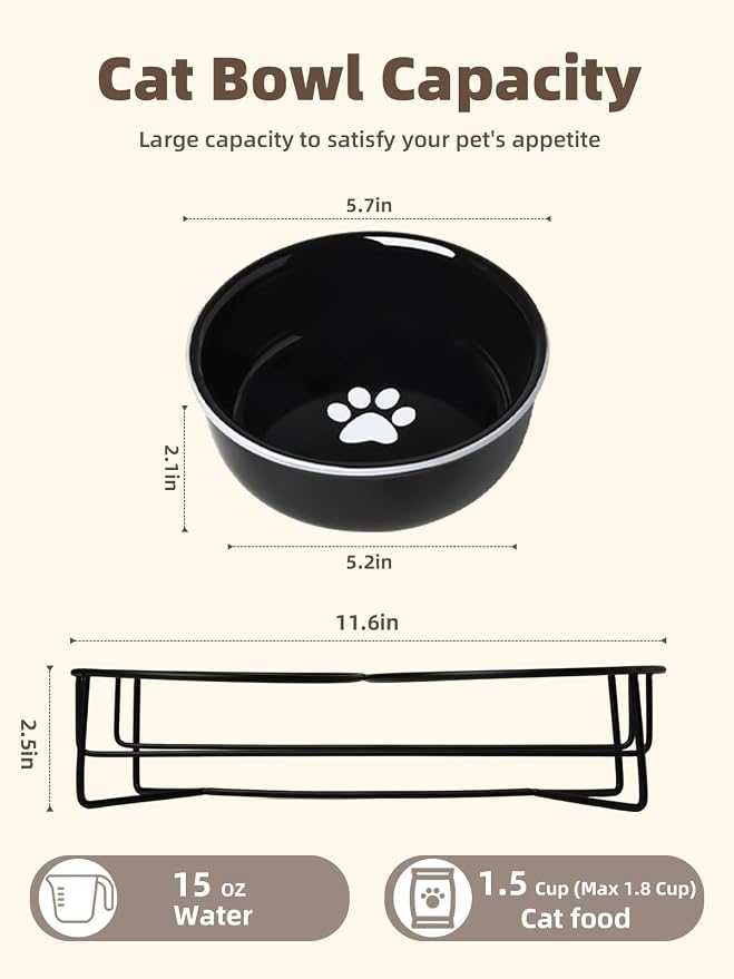 GDCZ Ceramics Raised Cat Bowls with Heighten Metal Stand,15 Ounces (Black)