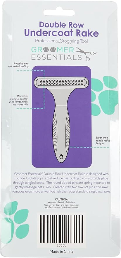 GROOMER ESSENTIALS Dematting Brush for Dogs, Double Row Undercoat Fur Rake, Effective Deshedding Rake for Thick Coats, Professional Pet Grooming Tool