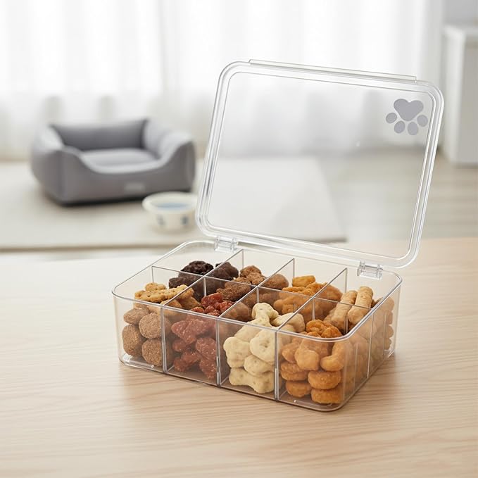 Dog Treat Container, Clear Pet Food Storage Container with Lid and Removable Dividers, 8 Compartments Dog Organization and Storage Box for Countertop, Cabinet, Pantry, Gift for Pet