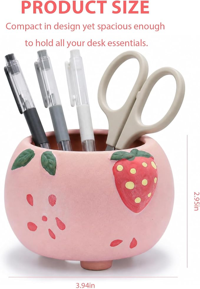Ceramic Strawberry Shaped Pen Pencil Holder for Desk Decoration Accessories Strawberry Decor Makeup Brush Pen Cups Succulent Plant Pot Office School Ideal Gifts for Women, Mom or Birthdays (red)
