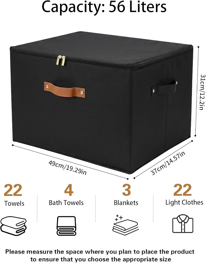 Tuza 3 Pack Foldable Storage Bin with Lid, Heavy-Duty Fabric Storage Box with Reinforced Handles, Collapsible Closet Organizer for Clothes, Bedding, Wardrobe & Bedroom Organization(Black, 56L)