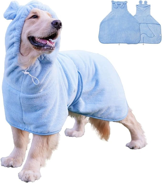 Pet Bathrobe for Dog Cat Absorbently Quick Drying Coat Cute Dogs Bath Towel Hooded Robe Adjustable Collar & Belly Strap for Pool Beach (Blue, X-Small)