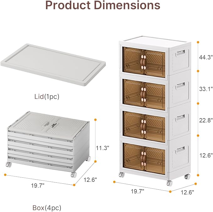 Stackable Storage Bins with Lids, 384QT Lockable Storage Cabinet | Folding Storage Box with Doors and Wheels, Collapsible Plastic Drawers for Home, Garage, Office
