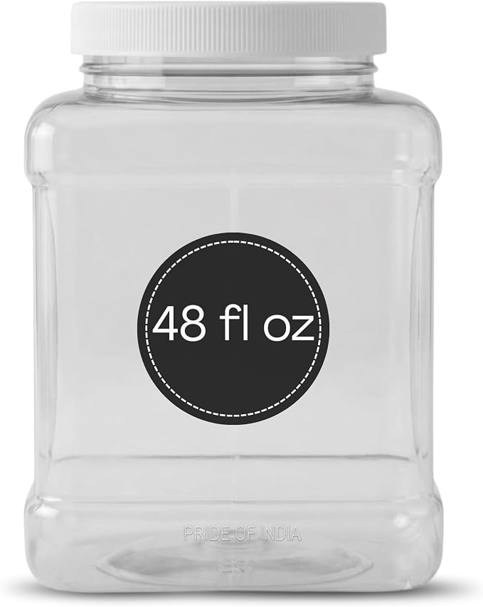 Pride of India Clear Food Grade PET Plastic Jar – 48 Fluid Ounce | Square-Grip Plastic Containers for Snacks, Candy, Cereal, Pet Food, Kitchen, Pantry & Household Storage (4-5 Cup Storage Capacity)