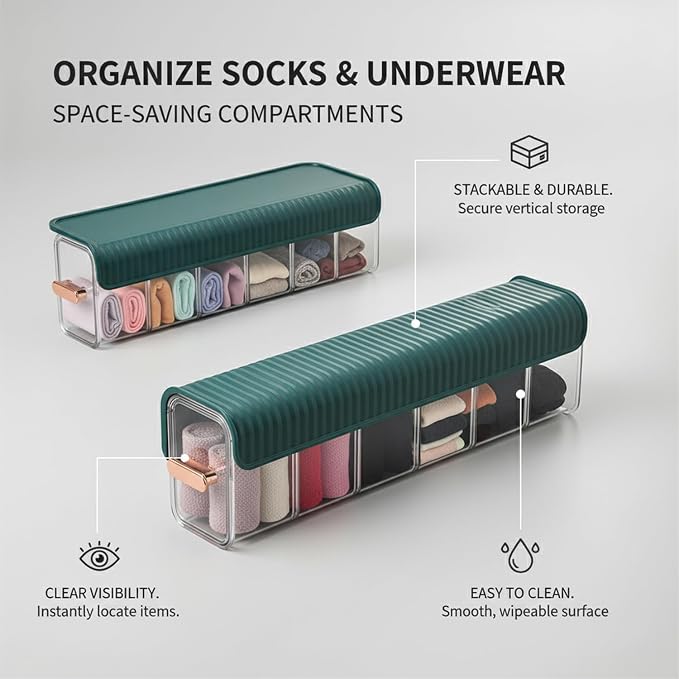 Clear PET Plastic Storage Box with Dividers, Stackable Organizer for Socks & Underwear, Wall-Mountable Drawer Bin for Closet & Bathroom (1 Pack)
