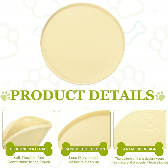 Cat Food Mat, 7x7 Inch Silicone Pet Feeding Mat Non-Slip Round Waterproof Dog Water Bowl Tray Raised Edge Protects Floors (4Pcs, Beige), Intended for Pets Bowl/Fountain