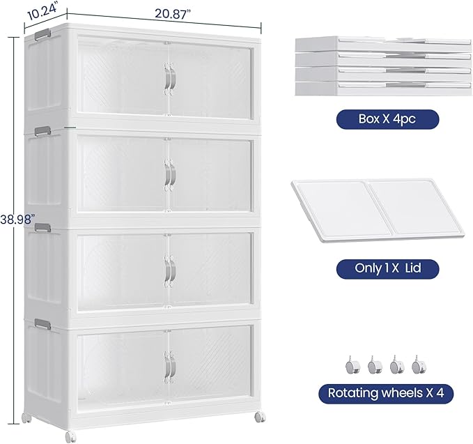 60GAL Plastic Storage Bins with Lid, 240QT Extra Large Stackable Closet Organizers and Storage, Collapsible Storage Boxes with Wheels, Folding Cabinet for Home Kitchen Office, 4Pack White