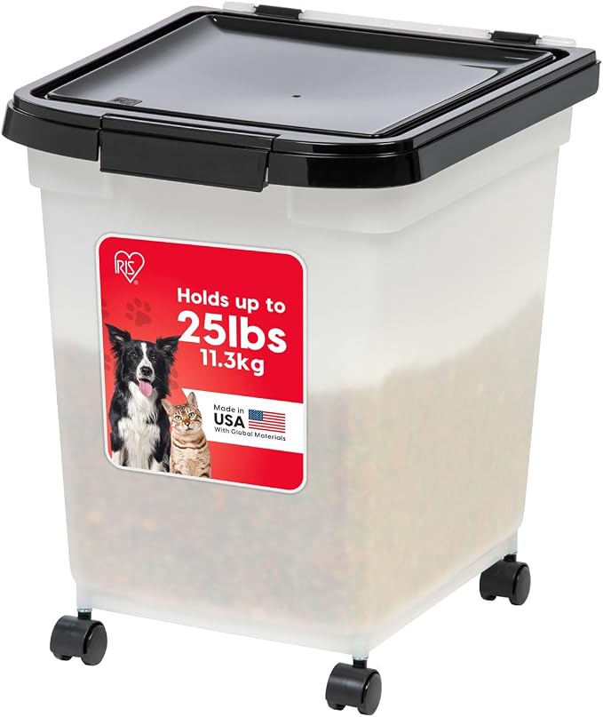 IRIS USA Dog Food Storage Container, Up to 25 lbs, Pearl/Black, Made in USA | Wheels for Mobility, Airtight Seal, BPA-Free, Best for Bird Seed, Cat food, Cat Litter, Chicken Feed, Pellets