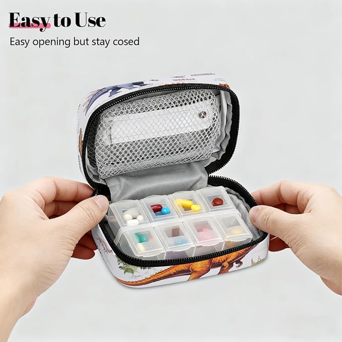 Weekly Pill Organizer Travel Size Bag with Removable 7 Day Pill Box Portable Vitamin Case Purse with Zipper,Colorful Dinosaurs Detailed Pattern