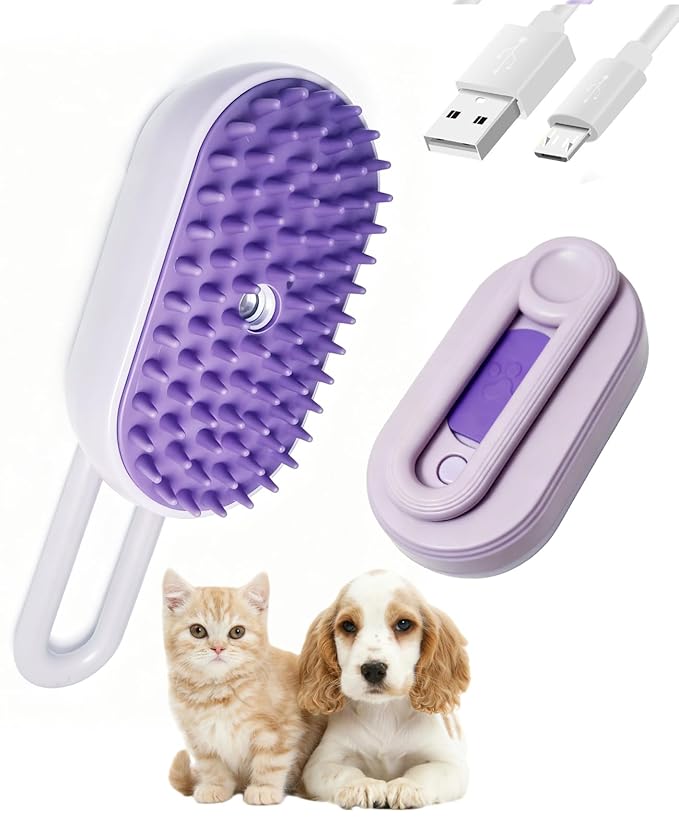 Cat Steam Brush for Shedding - 3 in 1 Pet Steam Brush for Dogs and Cats - Adjustable Dog Steamy Brushes for Grooming and Massage, Removing Tangled and Loose Hair (Purple)