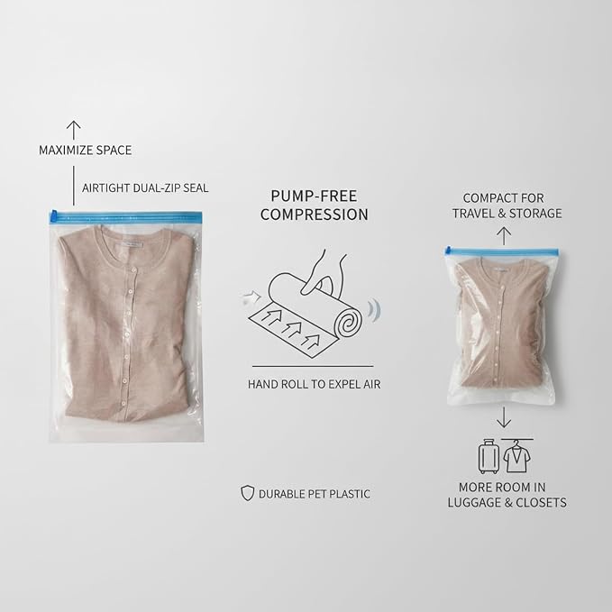 Hand Roll Vacuum Compression Bags, Pump-Free Space Saver for Travel and Storage, Durable PET Plastic Packing Organizers (1 PC)
