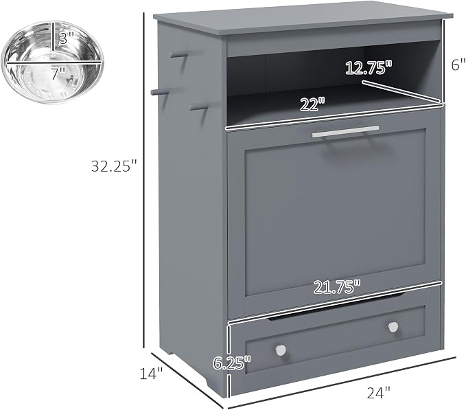 Suitable for Elevated Dog Feeding Station with Storage Cabinet – Stylish Pet Feeder Organizer with Hanger for Food & Water Supplies, Gray