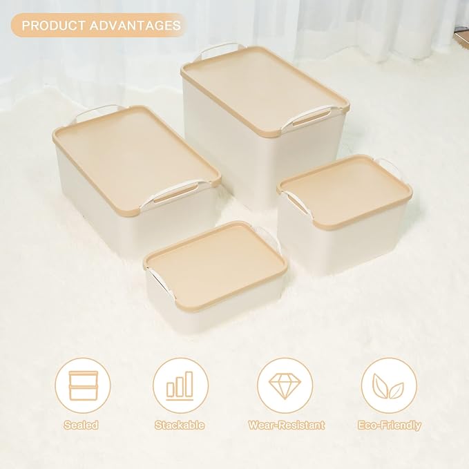 ANMINY White Plastic Storage Bins Baskets with Lids, 5-Pack, 2M+3S | Large Plastic Bins, Sturdy PET, with Handles, Stackable, Opaque Storage Boxes, for Closet Shelves Desk, Wheat Lids