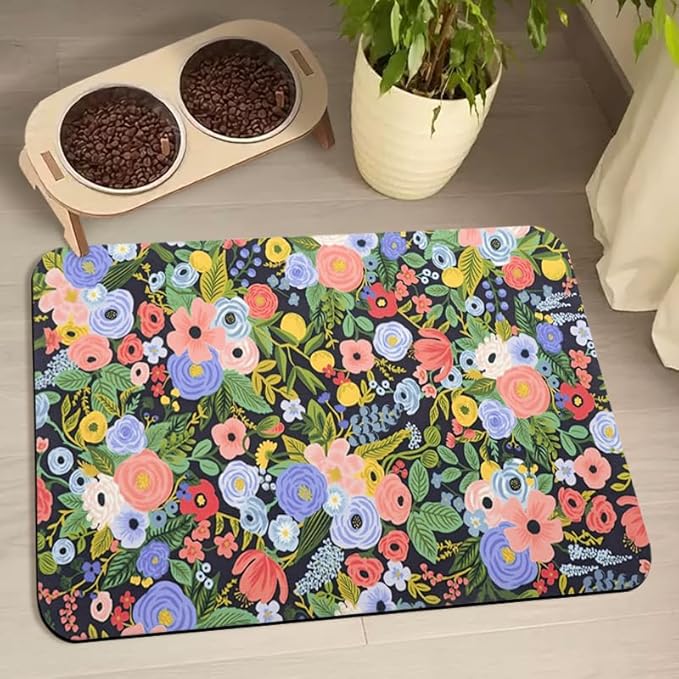 Dog Food Mats for Floors Waterproof, Pet Water Bowl Mats Pet Feeding Absorbent Placemats Flower 12 * 20 inch