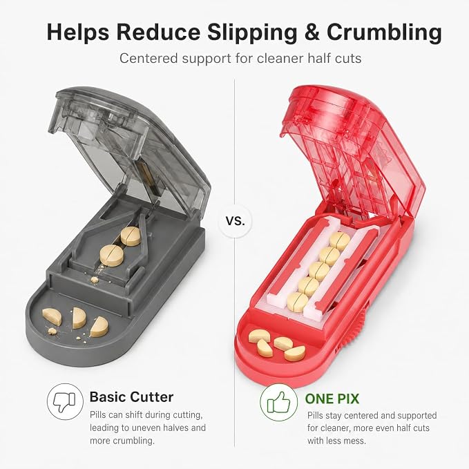 ONE PIX Pill Cutter Splitter for Small and Tiny Pills, Multiple Pill Splitter with Centering Device & Hidden Blade, Adjustable Tablet Cutter for Large Pills, Seniors, Pets, Red