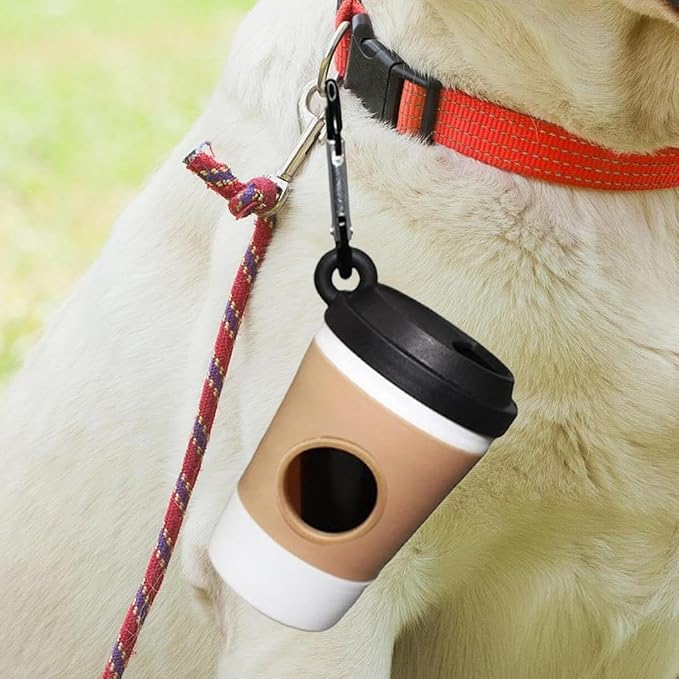 Dog Poop Bag Holder, Coffee Cup Design Dispenser with Carabiner Clip, Portable Waste Bag Carrier for Dogs & Cats, Hands-Free Leash Attachment for Walking, Hiking, Travel, Pet Waste Organizer (W_2Pcs)