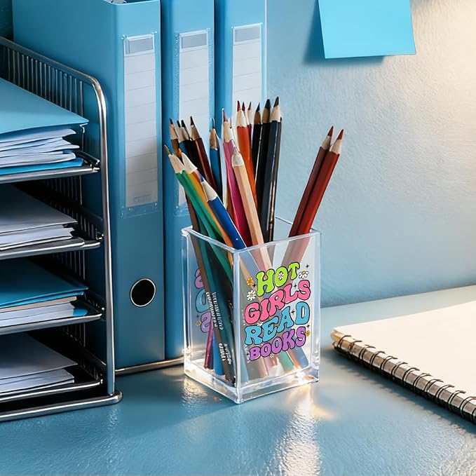 Hot Girls Read Books Acrylic Pencil Holder Cup, Funny Floral Desk Organizer for Book Lover Bookish Bookworms Readers, Women Empowerment Gifts for Daughter Girls Sister BFF, Reading Present