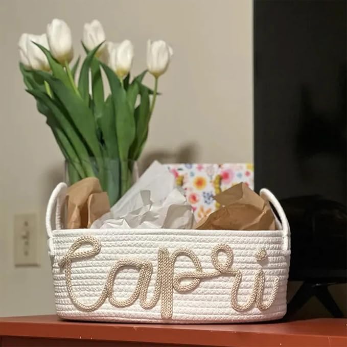 Personalized Baby Name Basket Cotton Rope Basket Diaper Caddy Custom Cotton Rope Room Shelf Storage Basket, Baby Stuff Organizer Storage Bin, Decorative Round Bin for Nursery Bedroom Bathroom(Style A)