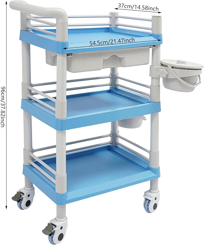 Mobile Salon Storage Cart with Wheel and Drawer, Portable 3-Tier Professional Trolleys, 176 Lbs Load Utility Tool, for Barber Stores, Spas, Homes, Beauty Store, Pet Shops (Blue)