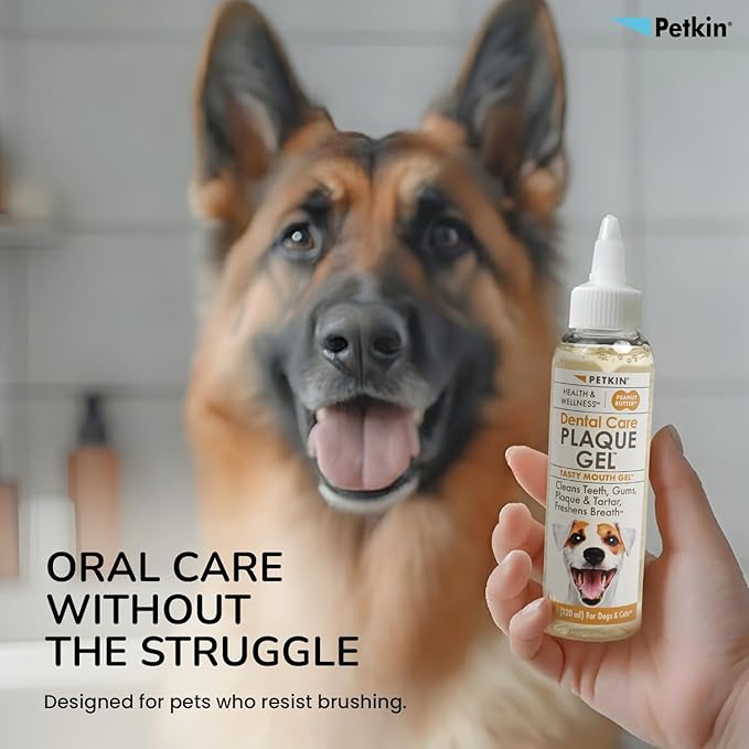 Petkin Plaque Remover Gel, Peanut Butter – Cleans Teeth and Gums, Removes Plaque and Tartar - Freshens Breath and Whitens Teeth with Baking Soda - Ideal for Daily Use, No Brushing or Rinsing - 4 fl oz