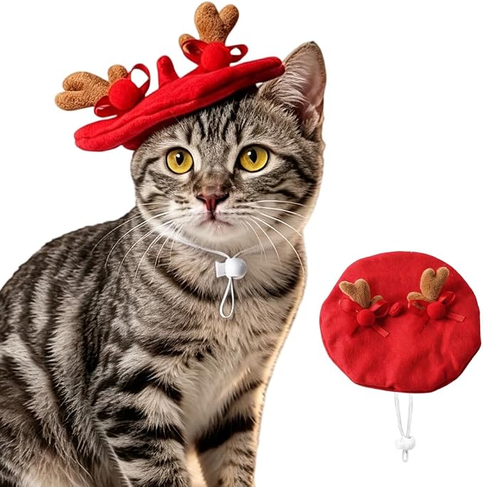 Christmas Pet Antlers Beret, Christmas Cat Reindeer Hat | 3D Plush Antlers and Bow Design, Comfortable Skin-Friendly, Flexible Adjustment, Easy Maintenance and Storage for Cats Dogs